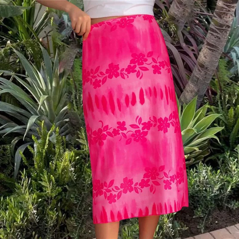 

Fashion Summer Women Boho Beach Casual Style Skirts Female High Waist Floral Printing Orange Midi Skirt Party Holiday Clothing