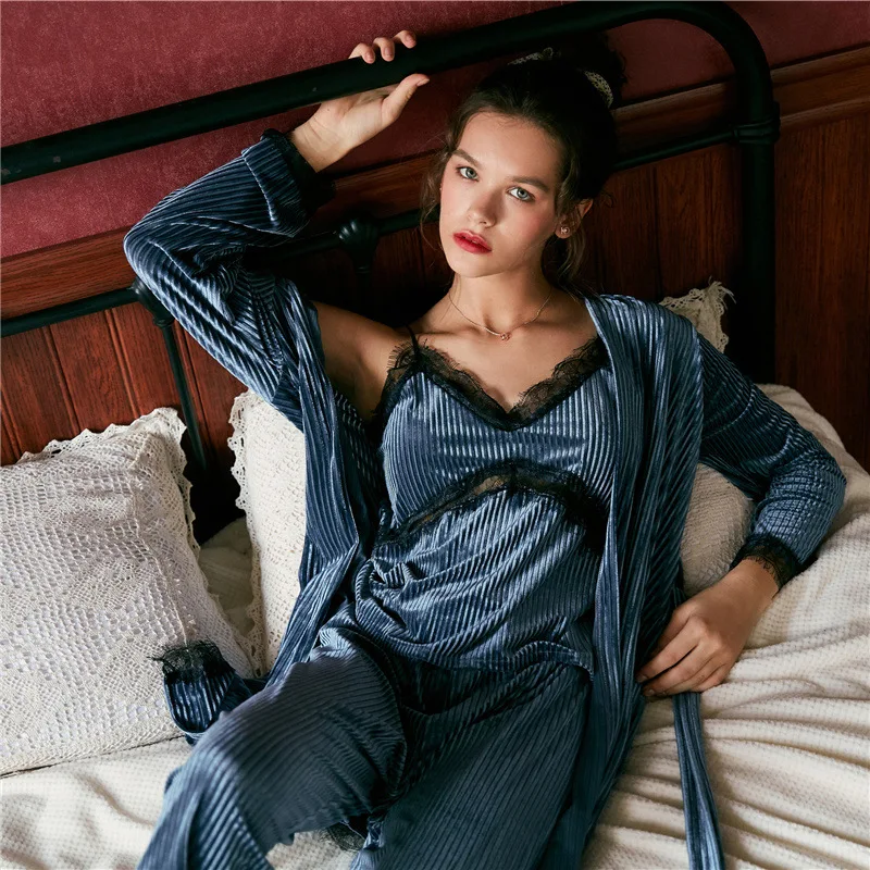 Зимние золотые бархатные женские комплекты из 3 предметов халат и платье