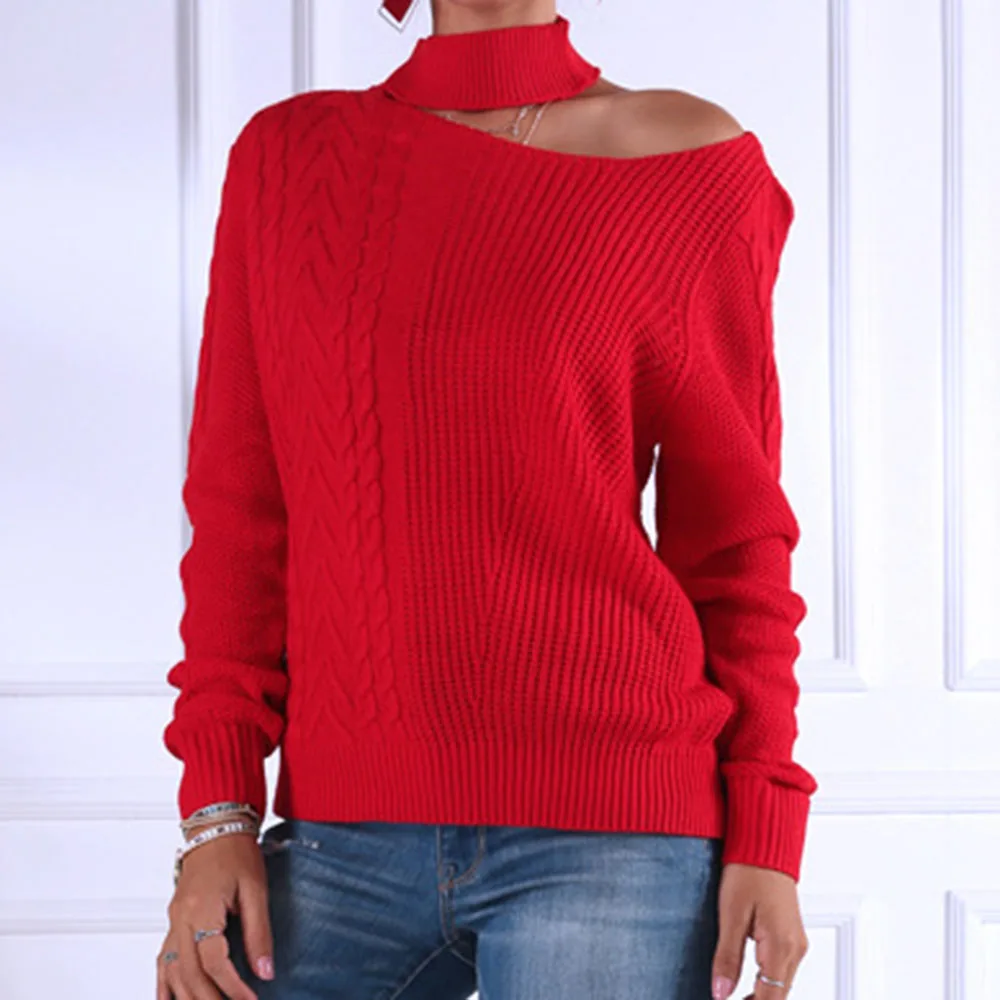 Женский свитер с открытыми плечами зимний однотонный вязаный пуловер женские