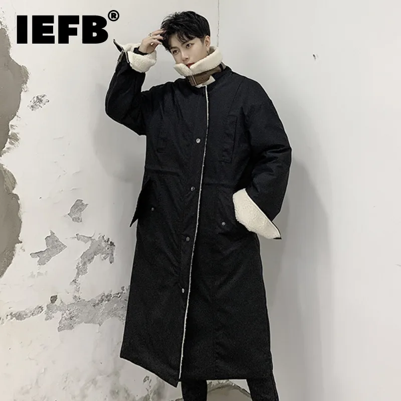 

Модная мужская куртка средней длины IEFB из искусственной овечьей шерсти, новинка 2021, свободная теплая осенне-зимняя длинная Шуба на молнии с ...
