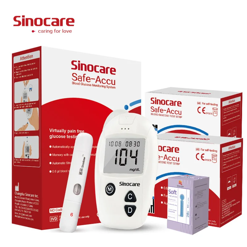 Sinocare безопасная-Акку для измерения уровня глюкозы в крови набор для измерения уровня сахара в крови с 50/100/200 тест-полоски и Ланцеты для диабета, глюкометр для измерения уровня глюкозы в прибор для измерения уровня сахара в крови, метр - изображение