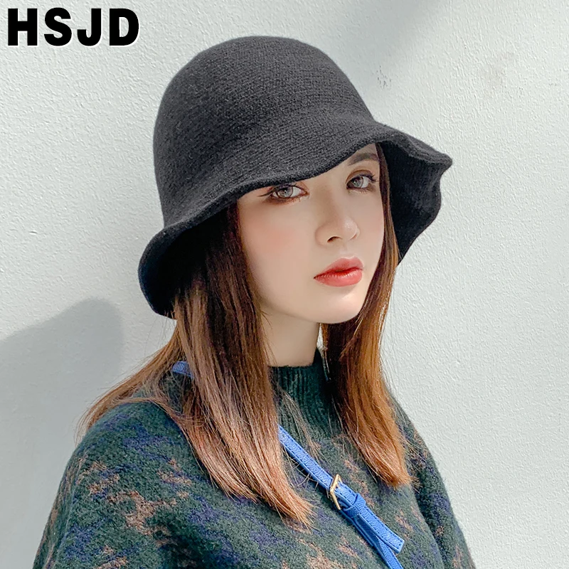 Autumn Winter Women's Hats Fashion Dome Wide Brim Foldable Knitted Bucket Hat Warm Beanie fisherman's hat Vintage Knit Basin Hat