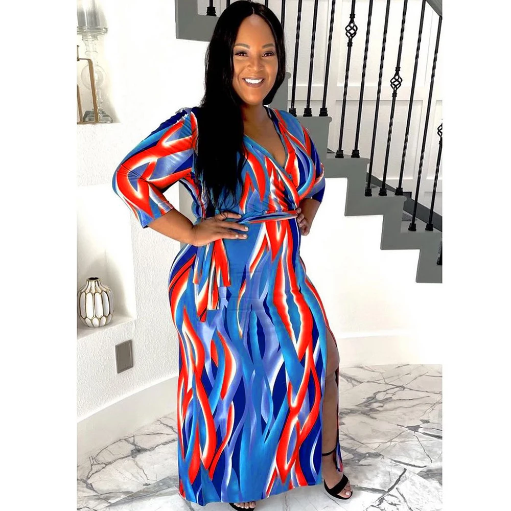 

Clothing Women's Fashion V Neck Waistband Casual Cardigan Loose Printed Split Fork Plus Size Maxi Dress Wholesale Dropshipping
