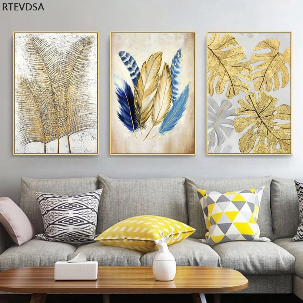 

Nordic abstract gold foil canvas painting blue feather art posters and prints living room home personality art decoration