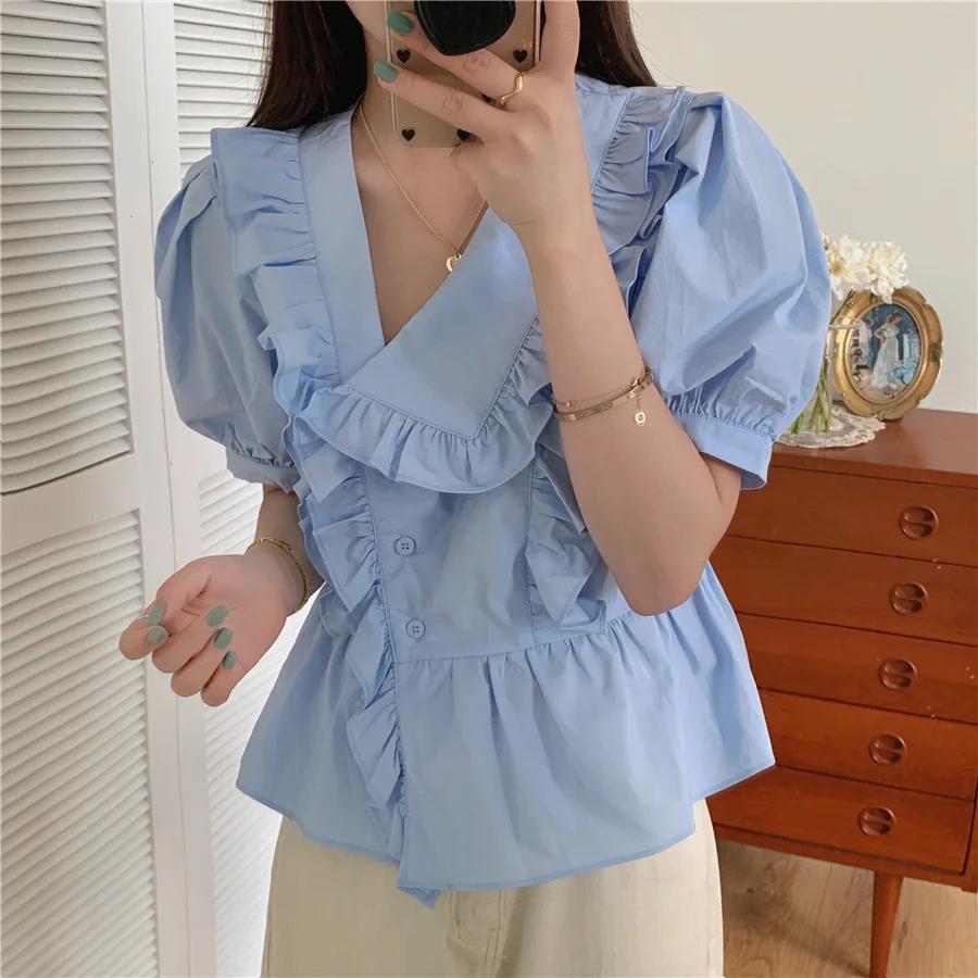 

Alien Kitty 2021 Ruffles Gentle Clothe Tops Blouses Sweet Femme Elegance Princess Chic Fashion All Match Girls Loose Shirts