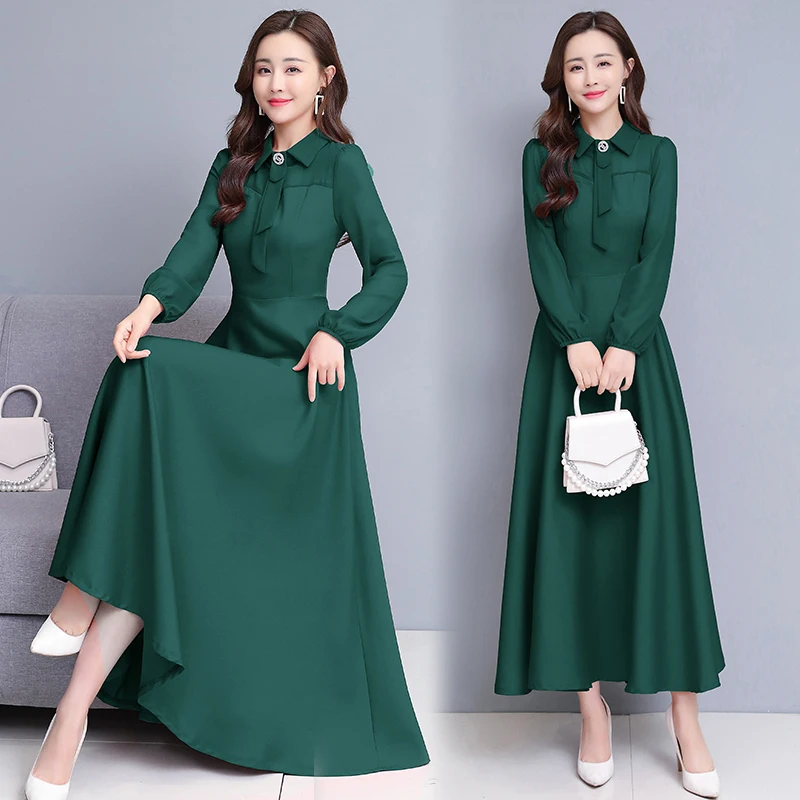 

2021 Spring Autumn New Women Temperament Waist Slim Solid Long Dress Red Elegant Ladies Turn down collar Long sleeve Dresses
