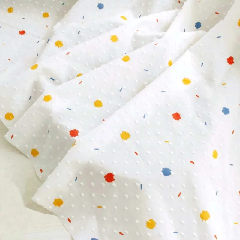 

100% Cotton Cutting Motif 40S Pastoral WHITE Color Red Yellow Blue Dots Fabric Thin for Summer Dress Skirt Blouse Craft Quilting