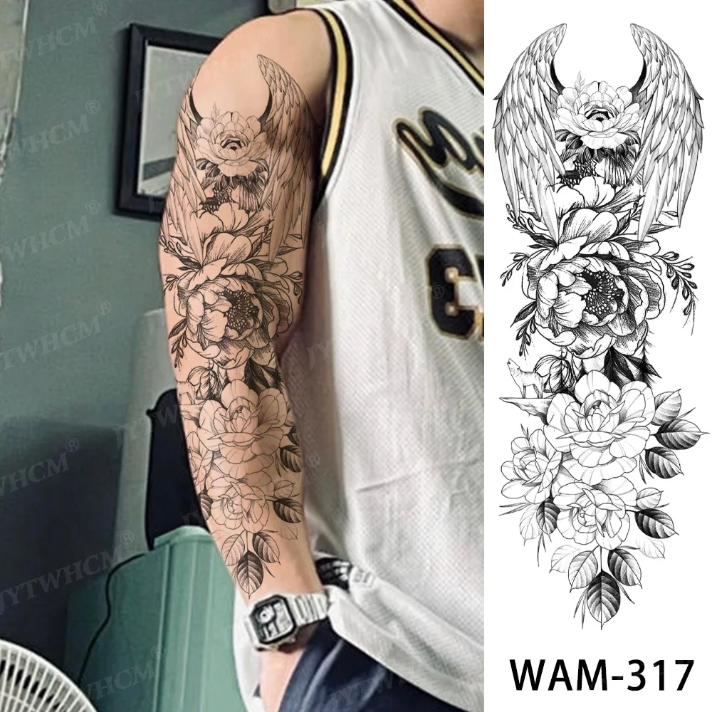 Временная татуировка черная рукав большая поддельная на всю руку Лев тигр волк