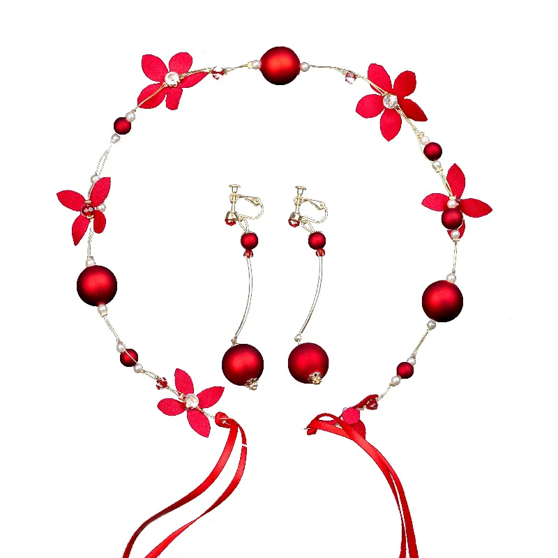 Simple Bridal Crystal Pearl Red Flowers Tiara Fashion Women Headband Lace Hair Jewelry Set Gift Wedding Dress Accessories gala | Украшения