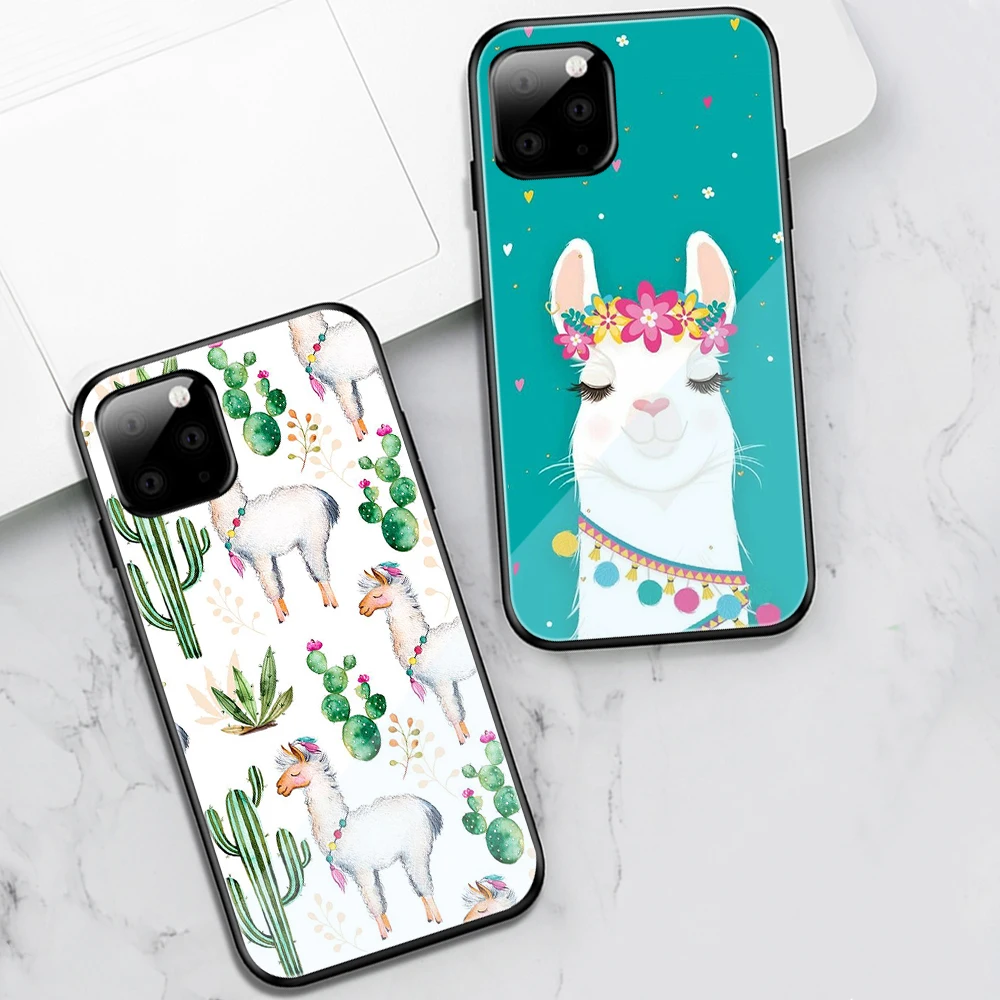 

Luxury Fashion Cute Alpaca Funda Case for iphone 12 Case for iphone 12 11 Pro XS Max mini XR X 7 8 6 6s Plus SE 2020 Glass Shell