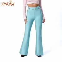 yinoka bandage trousers women solid elastic high waist slim luxury beading bodycon elegant club evening party flared pants