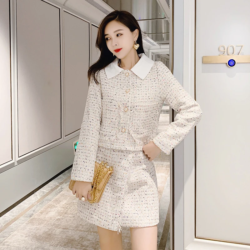 

Autumn winter Korean elegant Tweed Skirt suit woolen Women's Sets Tweed jacket Coat and Tweed skirt two-piece set outfits women