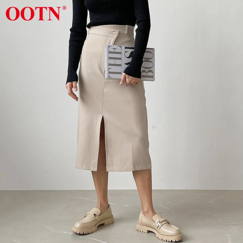 

OOTN Asymmetrical High Waist Straight Skirts Office Lady Elegant Split Design Mid-Calf Skirts Women Zipper Fall Solid Wild Skirt