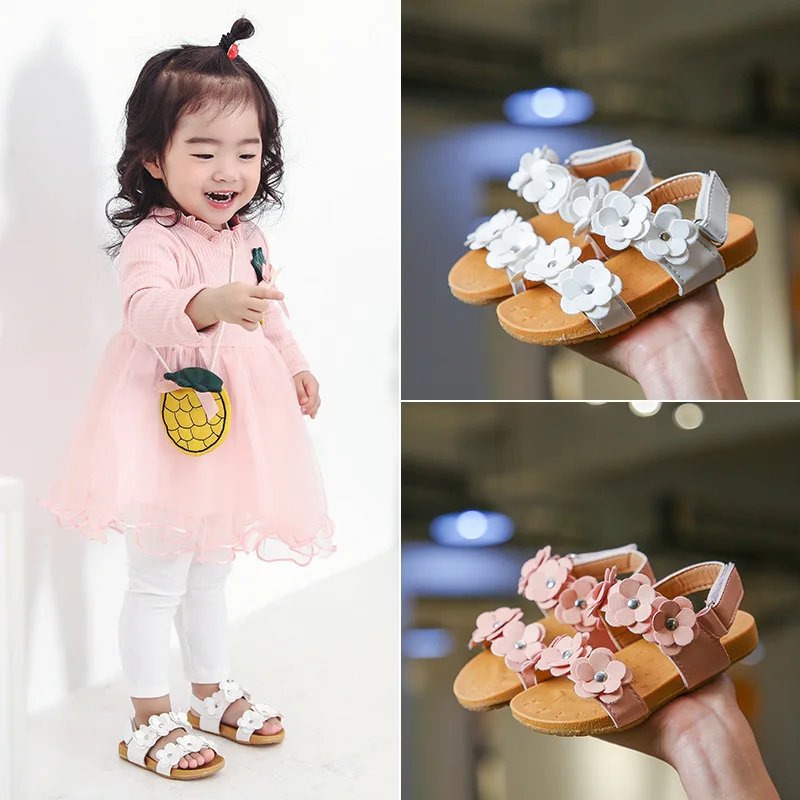 

Princess Flat Sandals with Flowers Solid Toddler Girls Shoes Children Summer Fashion Baby First Walker Beach Sandals Hook & Loop