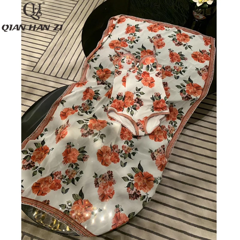 

Qian Han Zi Designer Brands Bikinis Set Women's Charming Floral Print Summer Beach Holiday Sexy Bikini Femme + Shawl