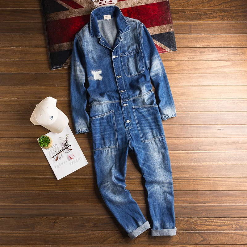 Men Denim Jumpsuit Long Sleeve Blue Workwear Hip Hop Streetwear Jeans Overalls Fashion Cargo Pants Leisure Freight Trousers