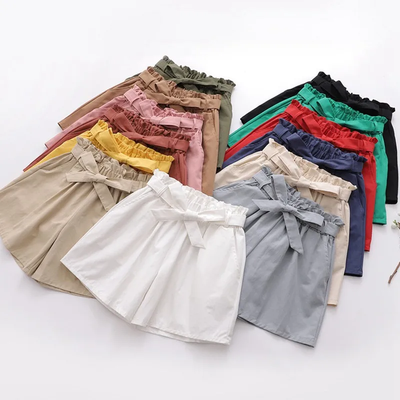 

Summer High Waist Women Short Casual Loose Wide Leg Shorts For Lady Girl Bow Solid Elastic Waist Shorts With Pocket