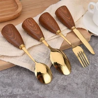 4pcsset wooden handle tableware gold plated western food cutlery set dinner fork party spoons