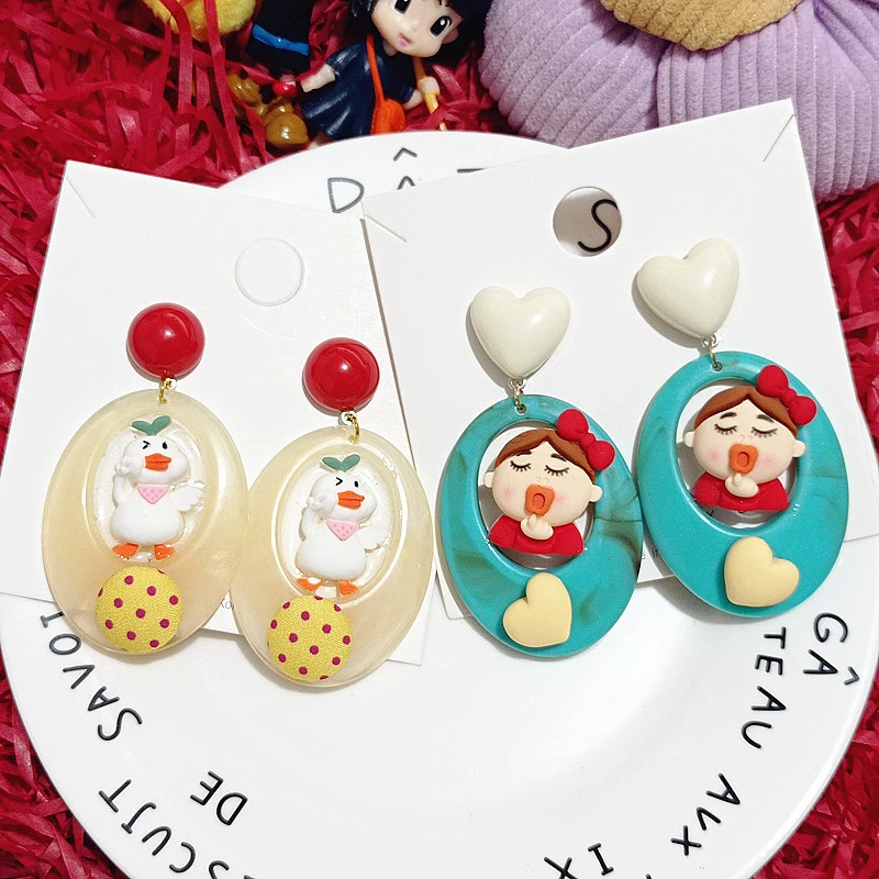 

New Style Fashion Cartoon Oval Resin Duckling Q Version Ladies Cute Funny Women's Dangle Earring Jewelry Wholesale