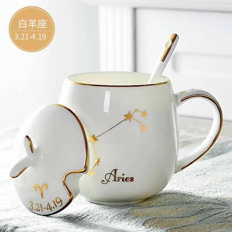 12 Constellation Mugs ceramic lid with spoon bone porcelain milk breakfast cereal couple cups birthday gift gifts 410ML | Дом и сад