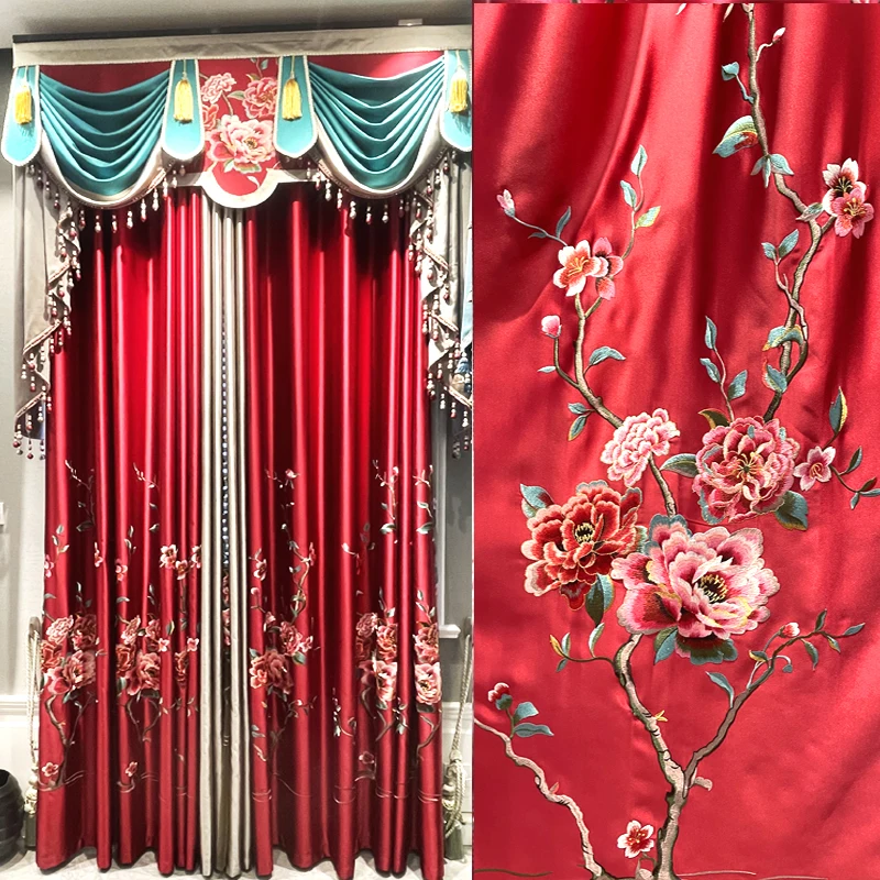 

Luxury Brand Embroidery Silk-like Curtains for Living Room Traditional Chinese Blackout Palace Wedding Red Curtain Eco-Friendly
