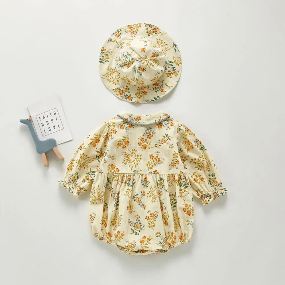 

2020 Autumn baby clothing set vintage style floral pattern romper + cap 2 pcs Toddler Newborn Baby Girl Clothes Set