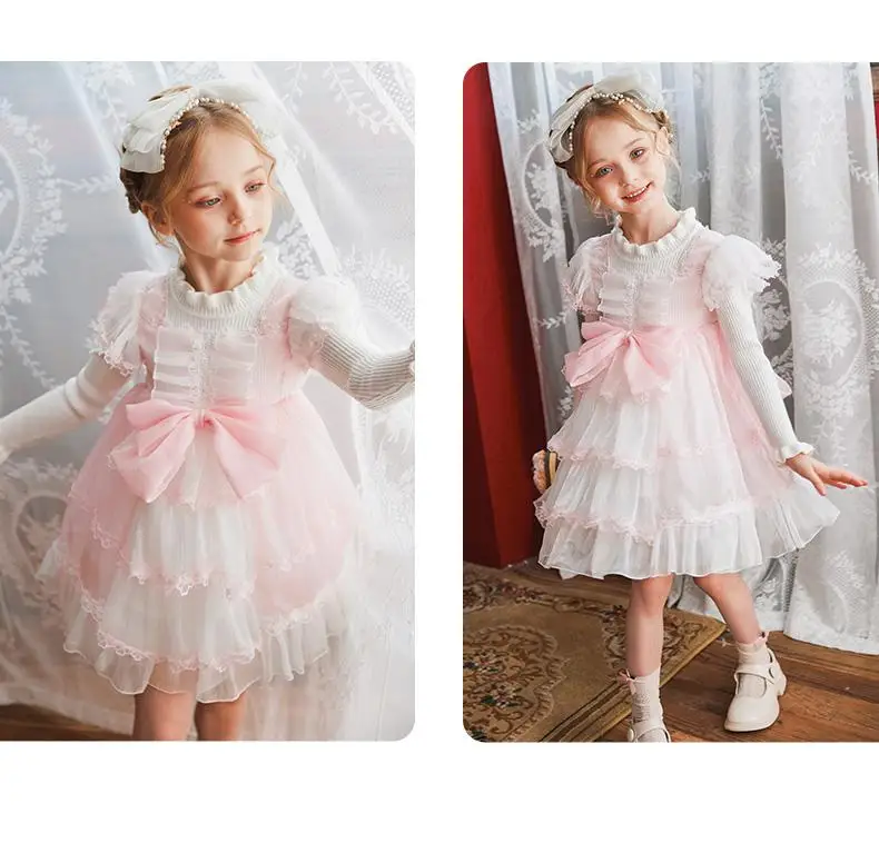 Vestido de princesa Lolita para ni&ntilde;as, ropa de punto de manga larga suelta con dobladillo de malla, para fiesta de oto&ntilde;o y Estilo de primavera, 2-10 a&ntilde;os-2