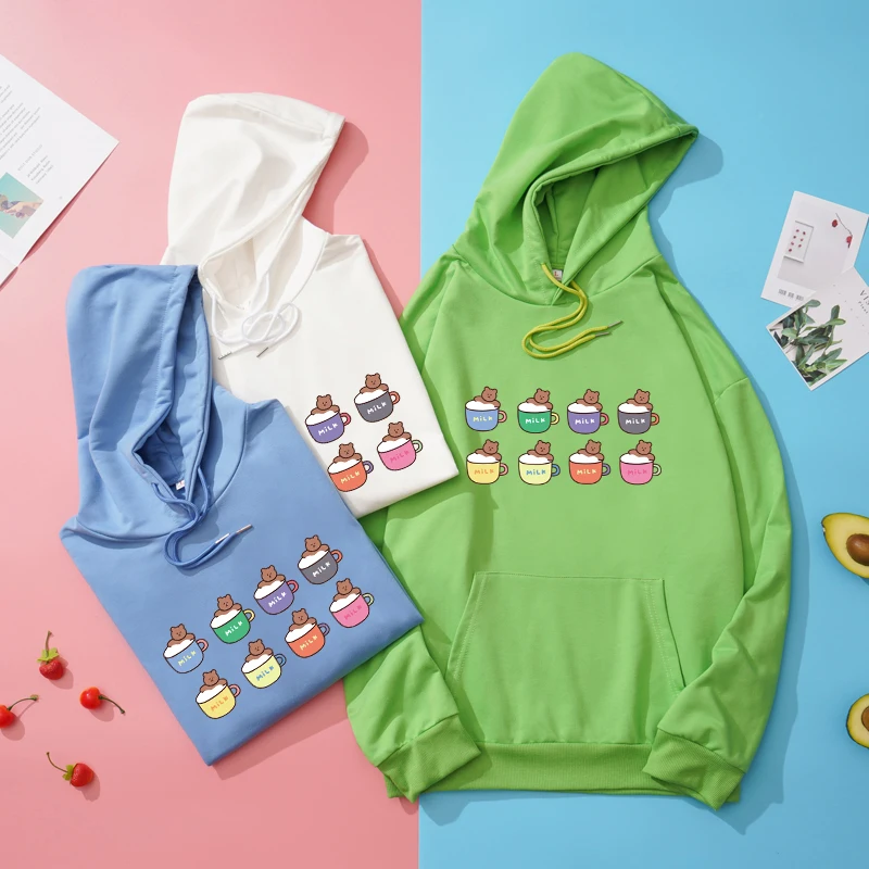 

2020 Autumn Kpop Fashion Hoodies Sweatshirts Women Long Sleeve Loose Thin Casual Kawaii Cartoon Bear Printed Hooded Streetwear