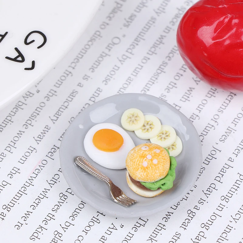 

1:12 Miniature Breakfast Set Hamburger Egg Dish with Tray Dollhouse Kitchen Food Accessories