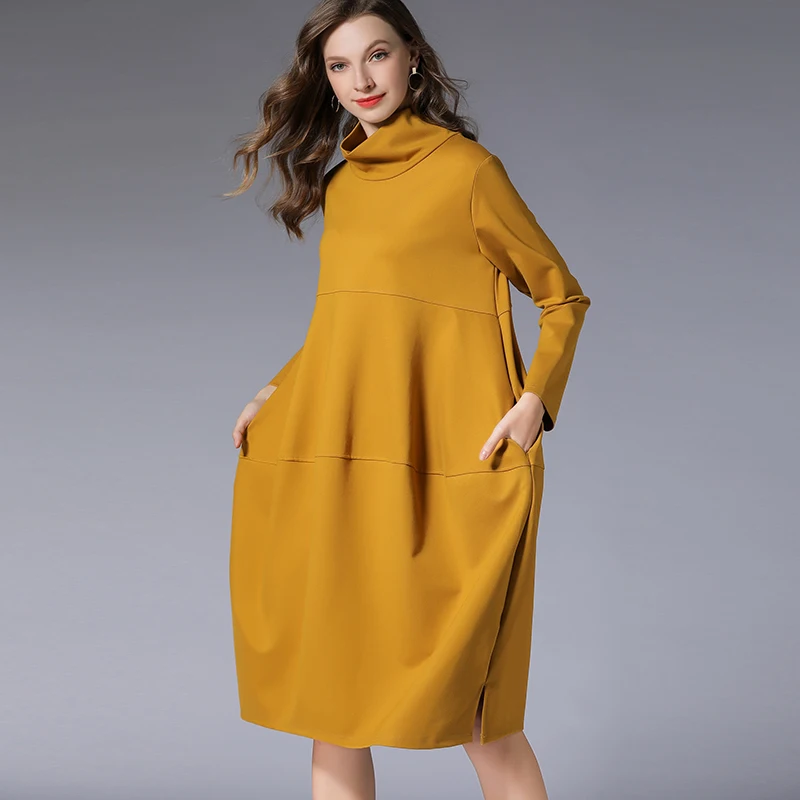 

Women Turtleneck Casual Loose Dresses 2020 Autumn Winter Plus Size Lady Elegant Oversized Basic Dresses Turtleneck Female 4XL