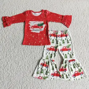 2021 Autumn Winter Girl Christmas Red Truck Long Sleeves Flared Trouser Suit Kids Clothing