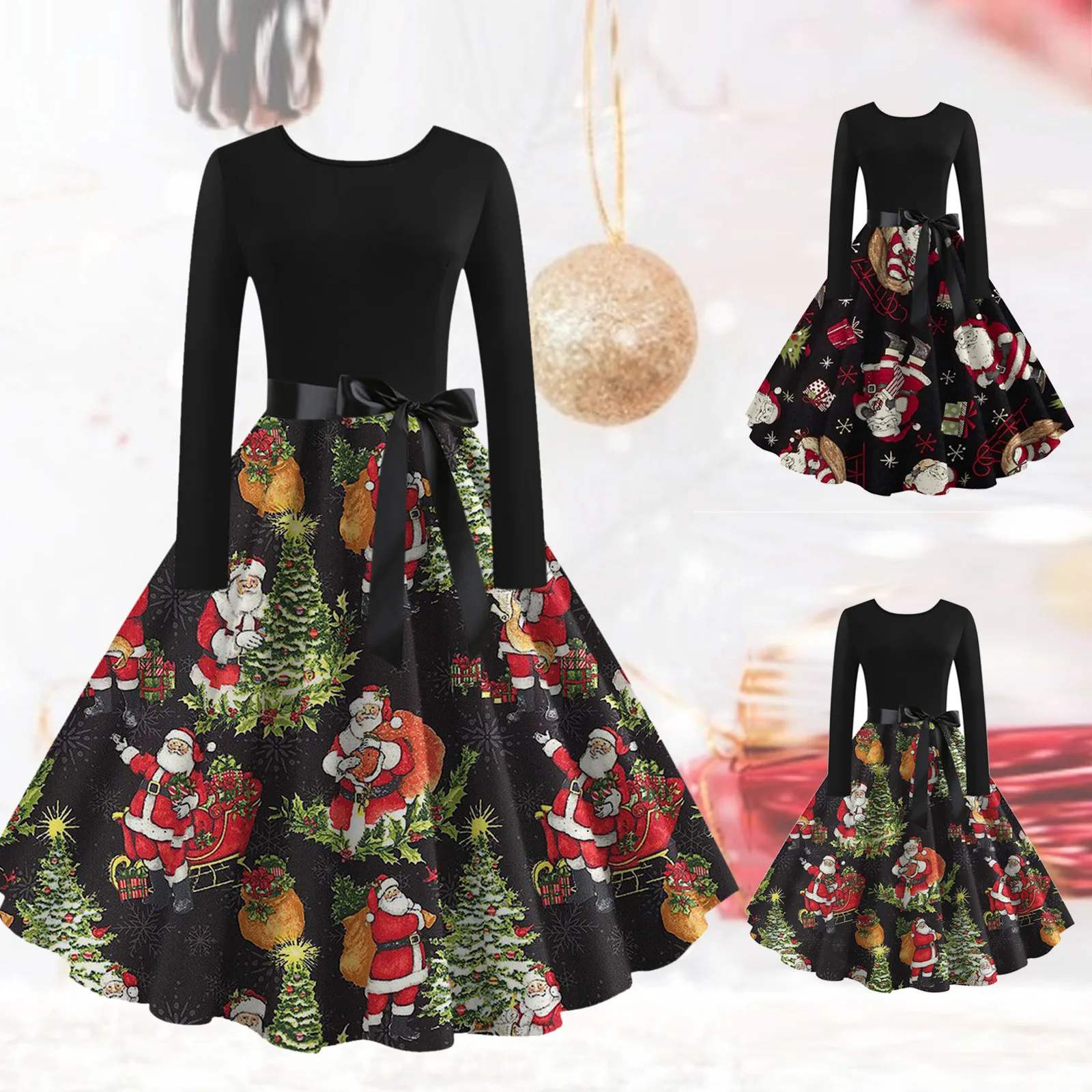 

2021 Christmas Costume Party Dress Long Sleeve Deep O-neck Vintage Before Christmas Women Winter Dress Plus Size Robe