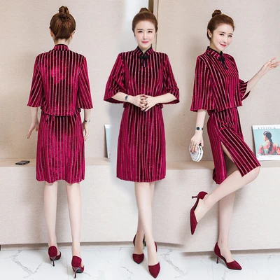

Golden Velvet Female Office Suits With Skirt Womens Winter 2 Piece Skirt Suits Ensemble Femme Survetement Conbinaison Femme