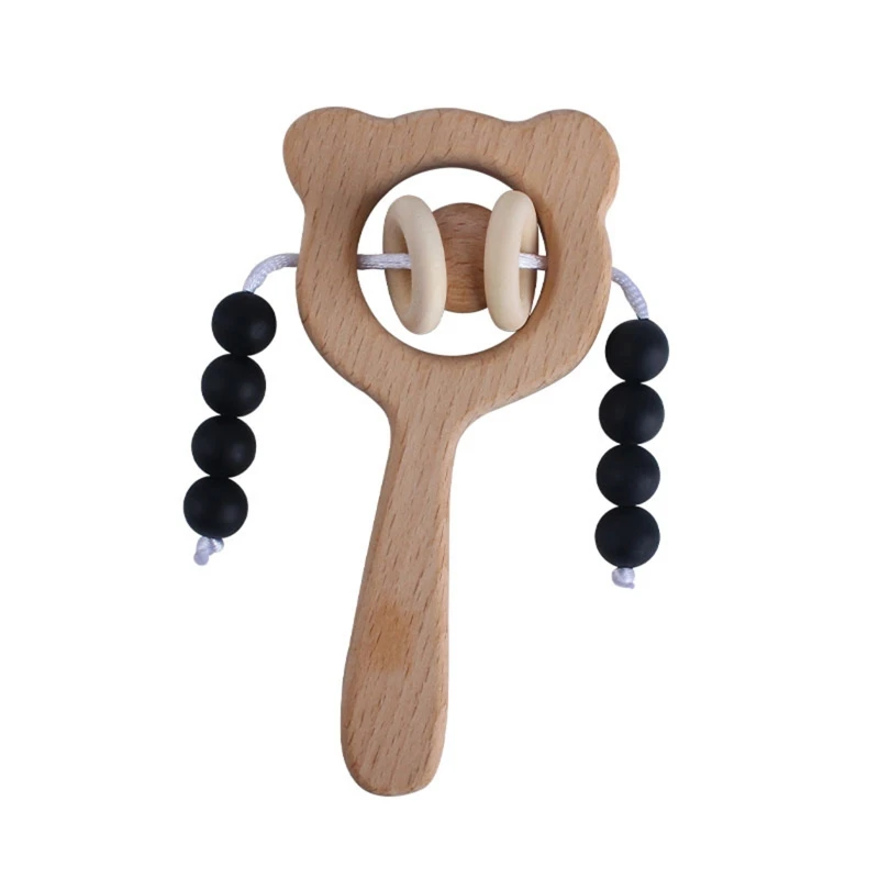

Baby Beech Teether Bell Rattle Silicone Beads Soother Molar Toddler Teething Toy