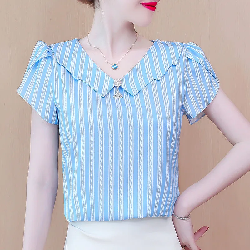 

Блузка женская шифоновая, с коротким рукавом и кукольным воротником, MM0602