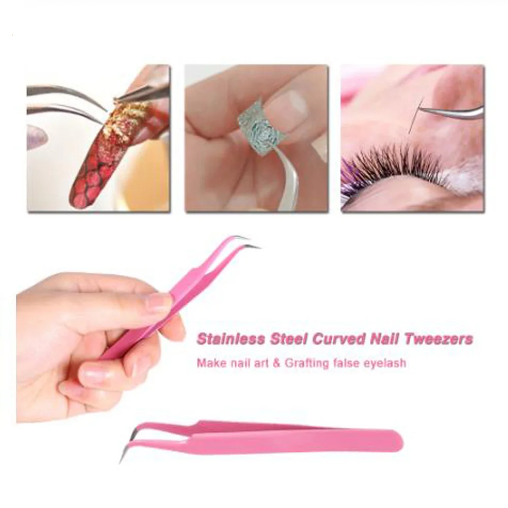

2Pcs/set Fashion Pink stainless steel Mink eyelash extension Straight Or bend Optional tweezers professional Eye Lashes Tweezers