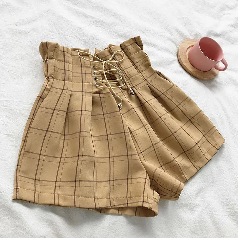 

Shorts Women Sweet Lovely Pockets Simple Trendy All-match Summer Cute New Plaid Korean Style Womens Female High Waist Loose 2020