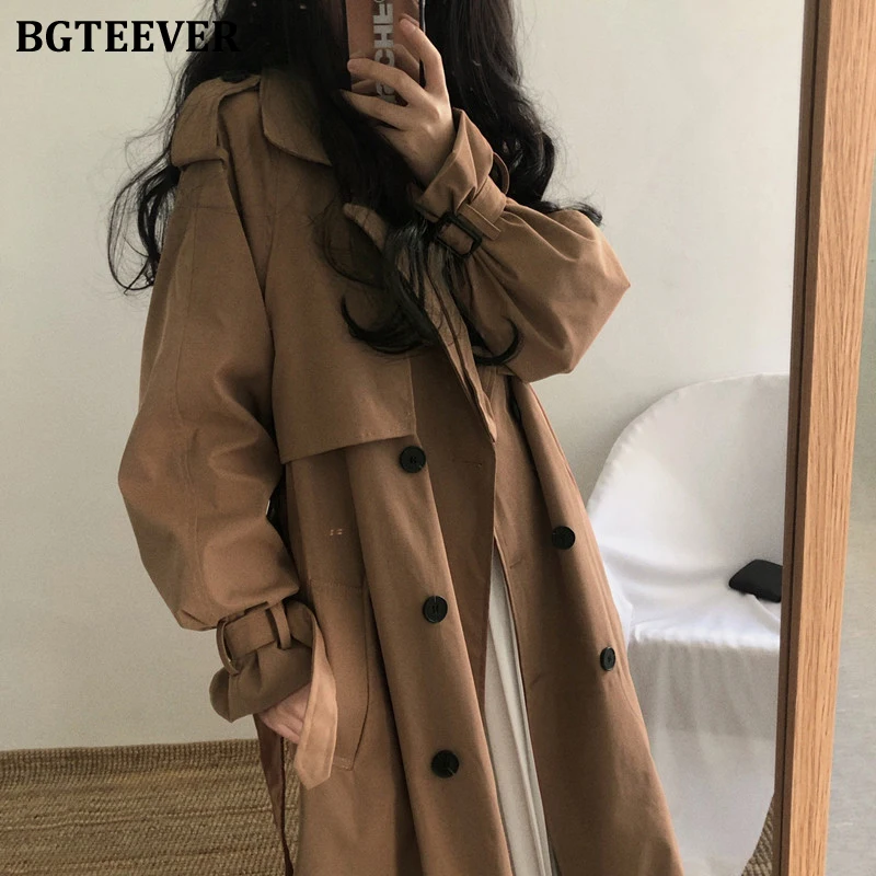 

BGTEEVER Vintage Brown Oversized Women Windbreaker Coats 2020 Autumn Lapel Double Breasted Sashes Loose Ladies Trench Coats