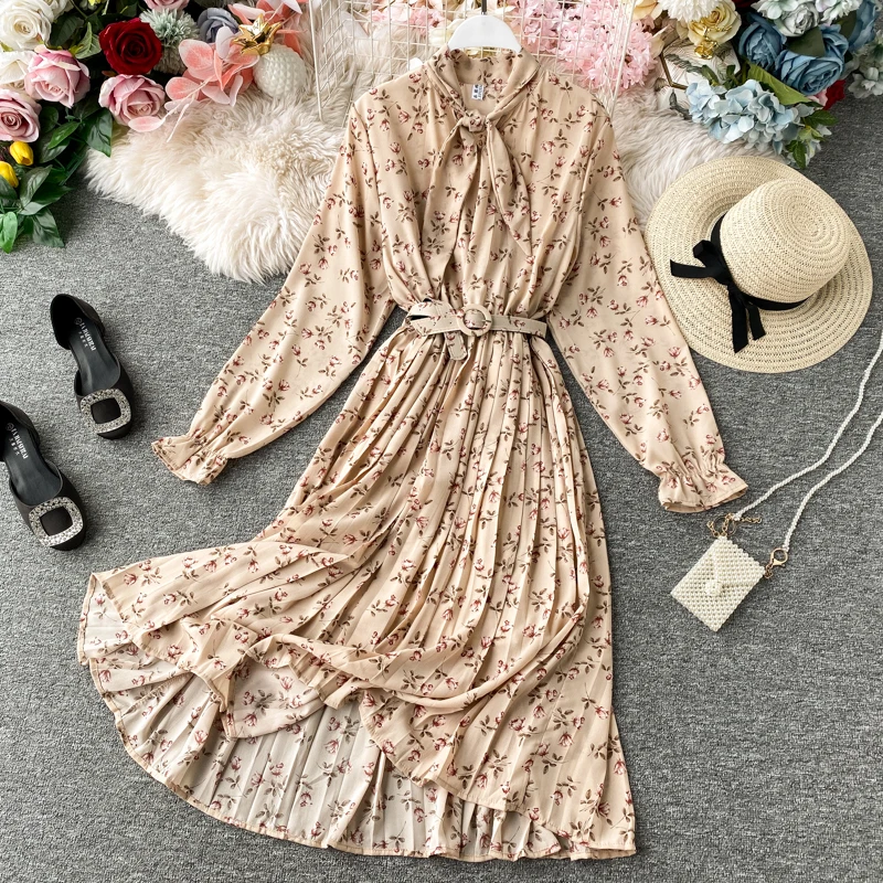 Винтажное Плиссированное шифоновое платье с цветочным рисунком женские