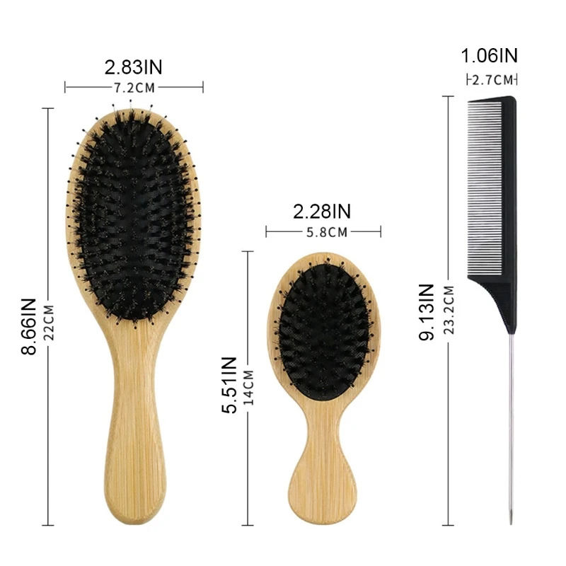 

23GF 3pcs Bristle Hair Brush and Comb Set for Women Men Kids Bamboo Paddle Hairbrush Small Travel Styling Combs for Wet or Dry