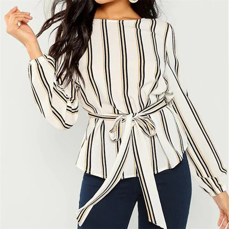 

Женская шифоновая рубашка с ремнем, повседневная, полосатая, с круглым вырезом, на осень