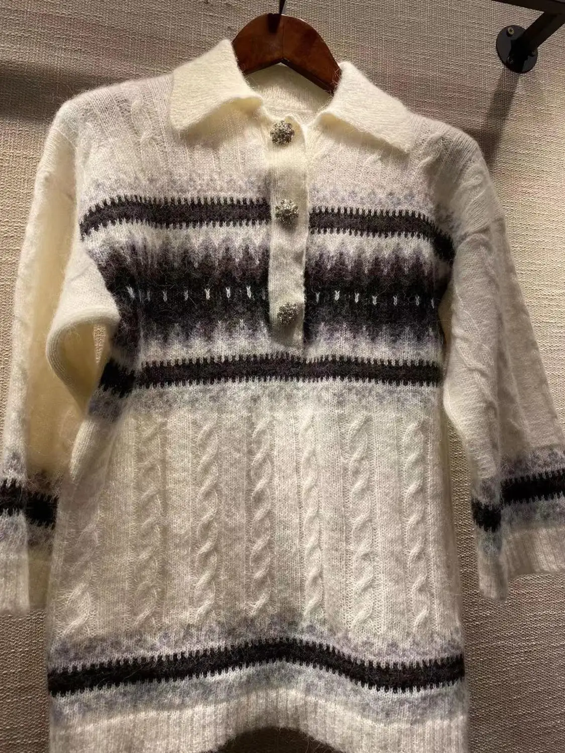 

Striped color block women sweater 3/4 sleeve turn-down collar casual wild lady knit sweater pullover tops