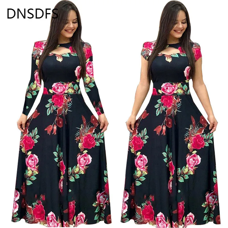 

Elegant Spring Summer Short Sleeve Women Dress Bohemian Flower Print Maxi Dresses Fashion Hollow Out Long Dress Vestidos