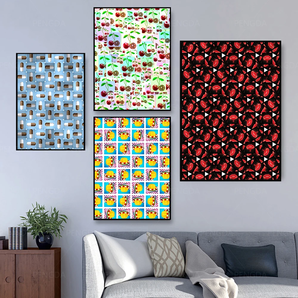 

Vintage Abstract Pills Kisses Lips Pattern Canvas Paintings Cherry Poster and Print Wall Art Pictures for Living Room Home Decor