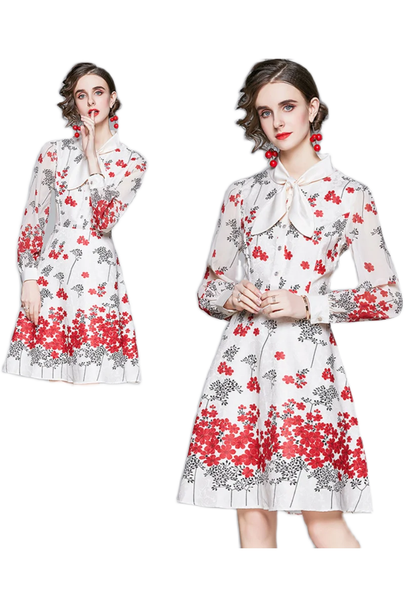 

For Women Elegant Dresses Mid-Calf Bow Full Sleeve Vintage Office Lady Dresses A-Line Print 2020 New Autumn Party Night Dresses