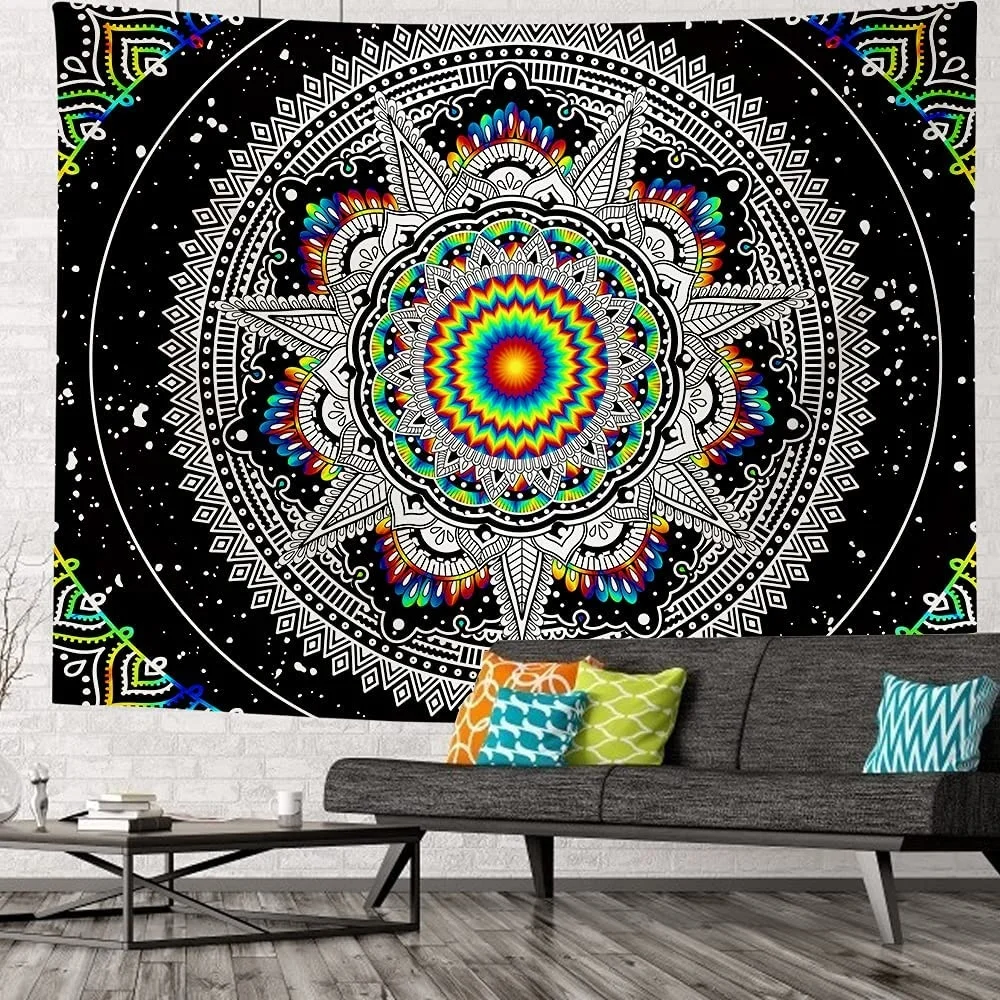 

Гобелен для спальни в эстетике VANSHINIEER, гобелен с рисунком мандалы в стиле хиппи, подвесной гобелен на стену, черные Триппи индийские гобелен...