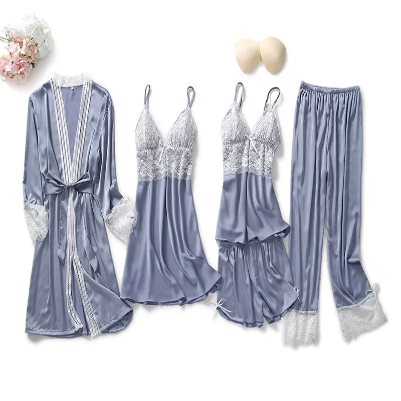 5 PCS Satin Robe Gown Sleep Suit Spring Womens Lace Flower Nighty&Bathrobe With Chest Pads Sleepwear Lounge Home Wear Nightgown