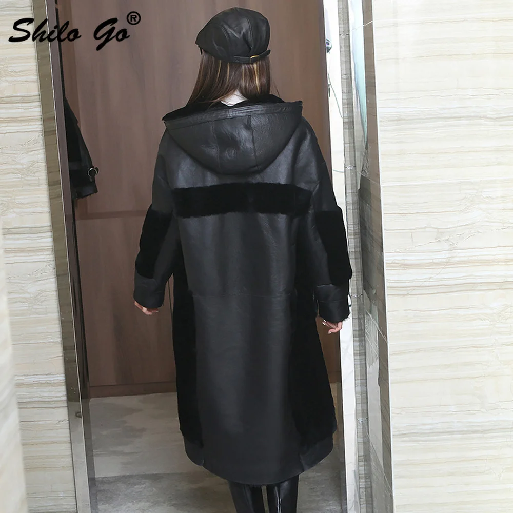 

Plus Size Hooded Collar Drawstring Neck Drop Shoulder Mide-Calf Length Coat Women Winter Casual Black Double Faced Fur Outwear