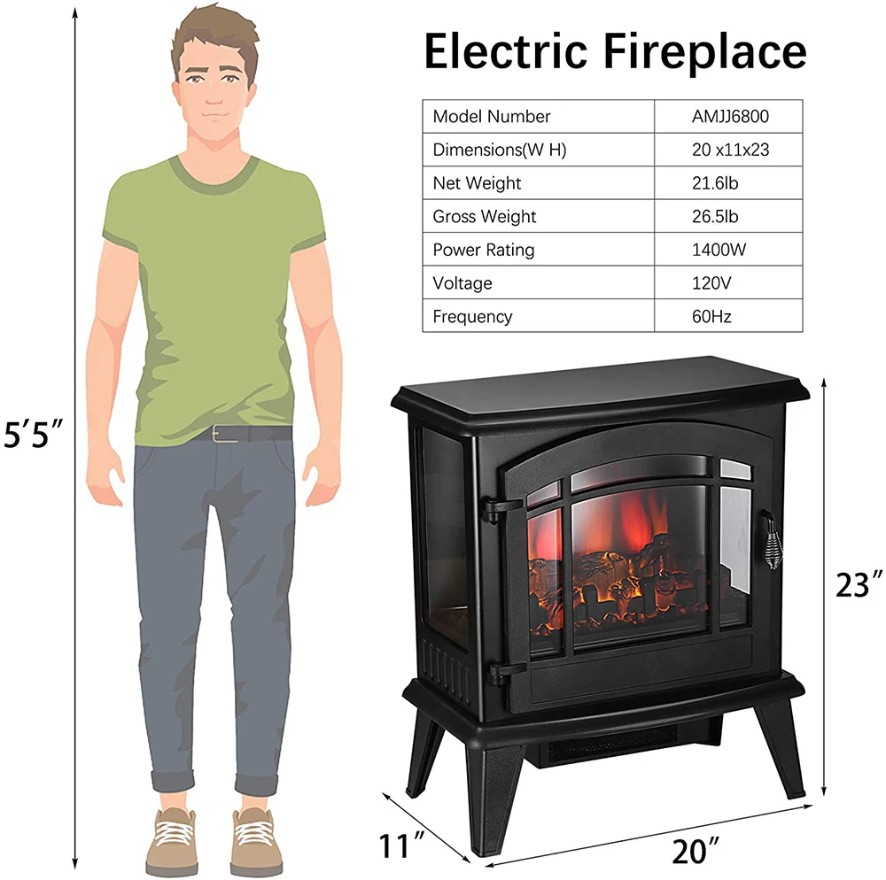 

Newest 20 Inch 1400W Electric Fireplace Stove Fire Electric Heater Overheating Safety Protection For Winter US Plug Free Ship