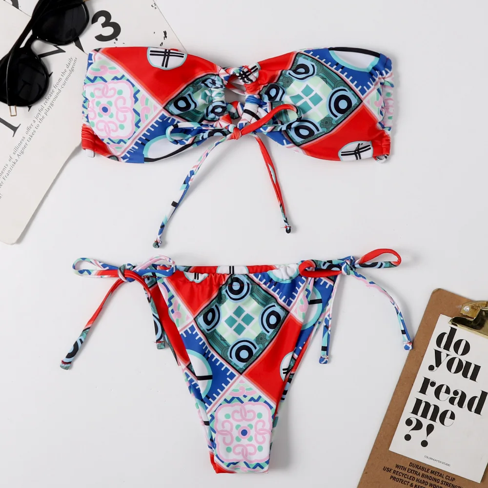 

2021 new bikini swimsuit double fabric printed tube top hollow